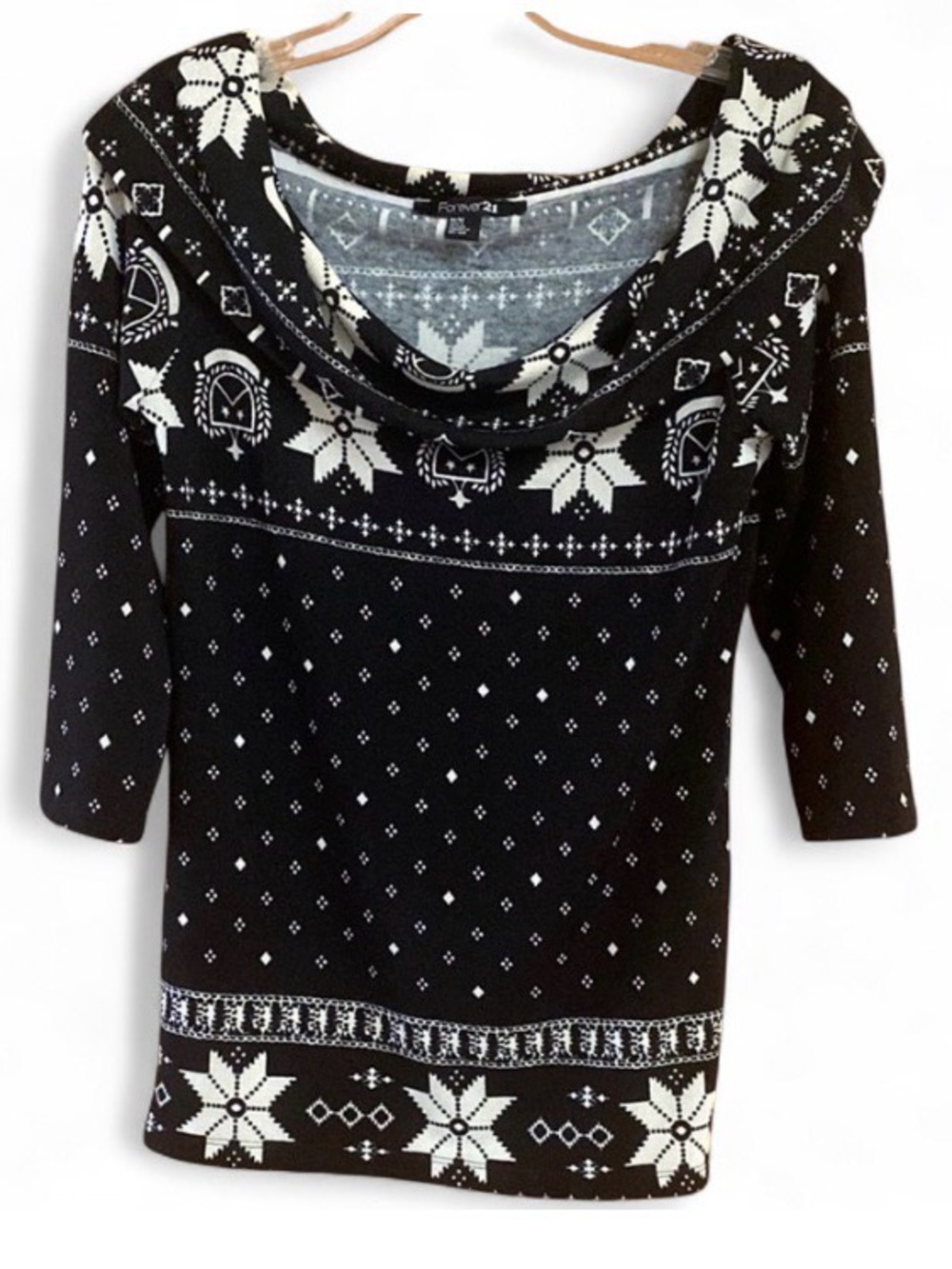 Forever 21 Black & Ivory Fair Isle Pattern Sweater Medium 3/4 Sleeve